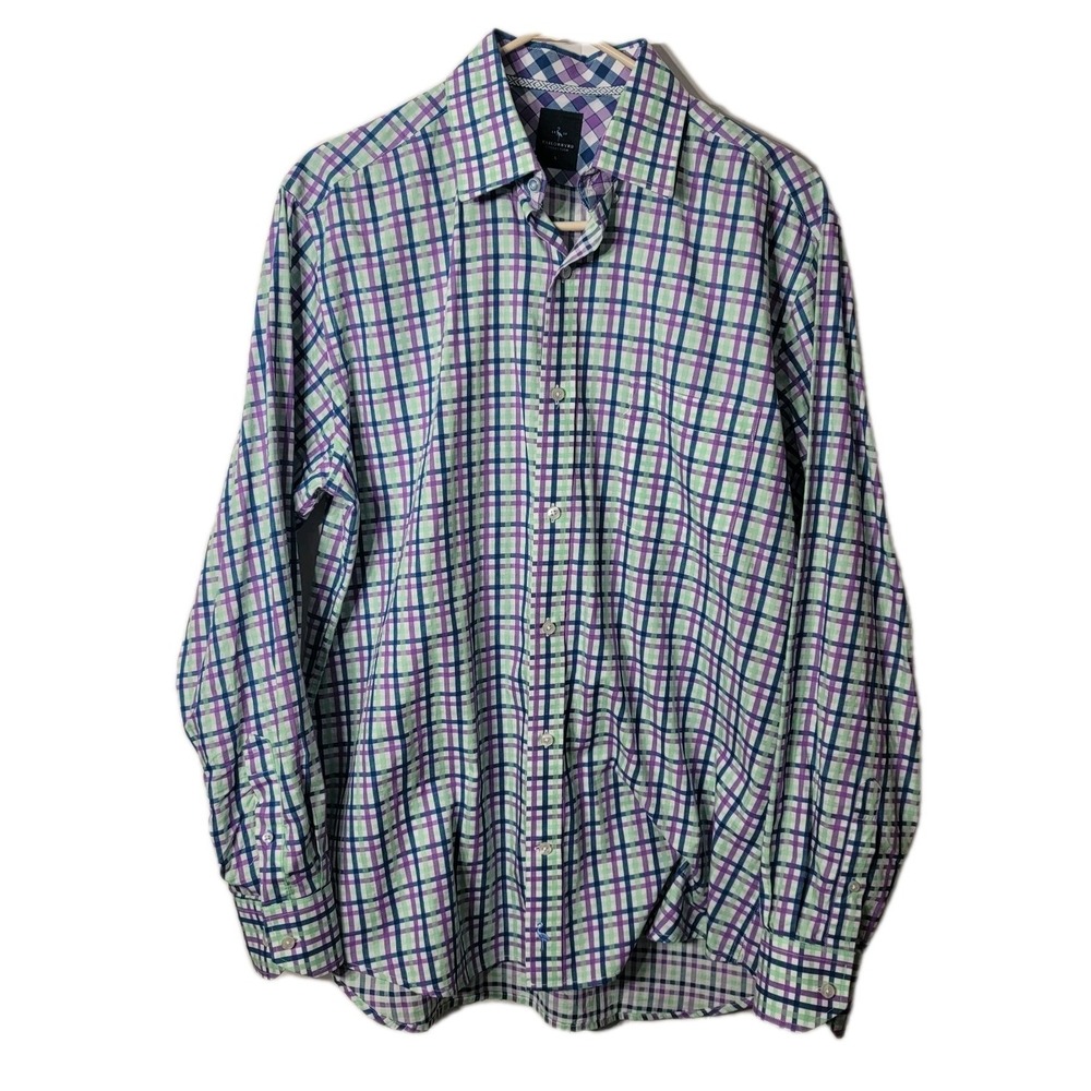 Tailorbyrd Shirt L Purple Blue Green White Plaid Button Up Long Sleeve Mens Work